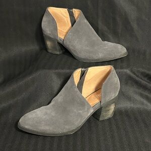 Anthro Silent D cut-out ankle boots in dark gray suede.
